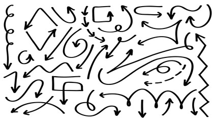 Engaging collection of hand-drawn arrows illustrating various directions and movements in black ink on a white background