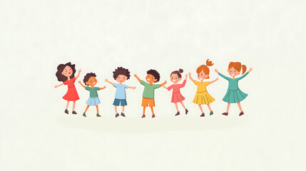 Fototapeta premium illustration, children dancing in a circle, different nationalities, artistic, minimalist background