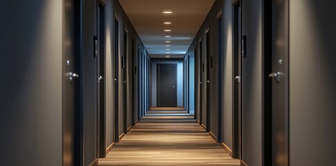 Obraz premium A long hallway with a grey door and a plant in a pot. Concept Hostel Dormitory, Bed Arrangement, Shared Housing, Accommodation Layout, Guest Lodging