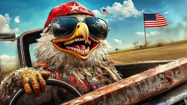 Patriotic Bald Eagle Driving an Old Truck Under a Clear Blue Sky Generative AI