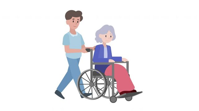 Looped 2D cartoon animation of a nurse or healthcare worker pushing an elderly woman in a wheelchair. medical support, hospital services, senior care, healthcare concepts. Luma matte and green screen.