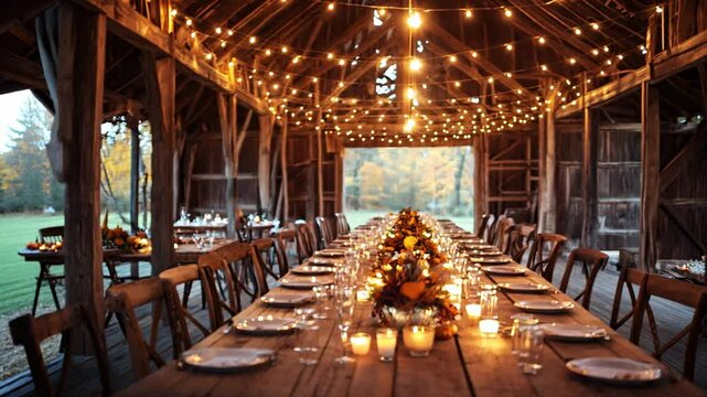 A rustic barn decorated for a Thanksgiving feast, with string lights and long wooden tables, captured in a romantic, soft-focus style.