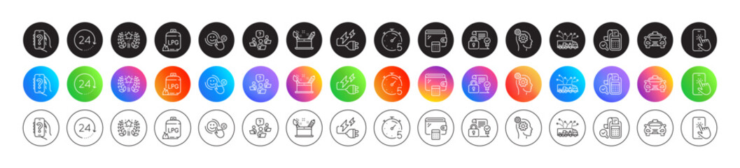 Wallet, Customer satisfaction and Electricity plug line icons. Round icon gradient buttons. Pack of Gas cylinder, Taxi, Security contract icon. Vector