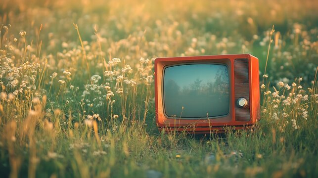 Vintage TV in field of wild flowers at sunset, concept of nature and technology