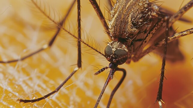 Close up view of a mosquito feeding on human skin, highlighting the intricacies of nature