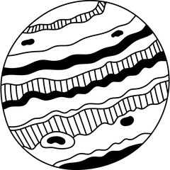 Funny hand drawn black and white Jupiter. Outline sas giant planet of Solar System. Childish simple doodle of astronomy celestial body for kids education, outer space infographic, universe placard.