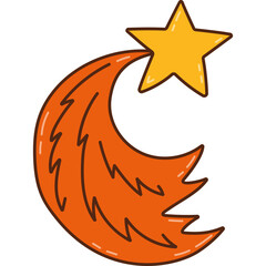 Cute hand drawn falling star with curly tail clipart with doodle outline. Sparkling magical star dust, comet shower. Astrology, astronomy, Christmas icon. Universe shine, light, twinkling stardust