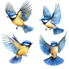 set of blue birds on white