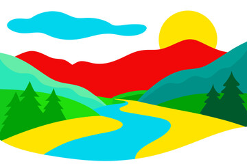 Obraz premium Vibrant Valley Sunset Scene Vector Illustration with Colorful Outlines 