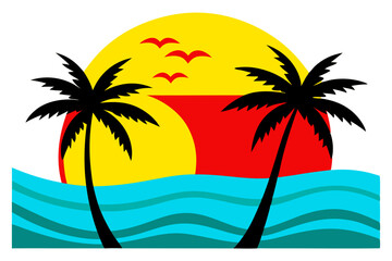 Obraz premium Vector Illustration of a Tropical Beach Paradise with Lush Palm Trees and Crystal Clear Waters 