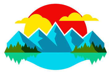 Tranquil Mountain Lake Scene with Majestic Peaks Vector Illustration
