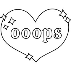 Cute doodle heart with lettering Oops and stars in Y2k aesthetic. Retro love symbol from 90s and 00s. Hand drawn simple heart with typography with outline isolated on white. Nostalgia for 1990s vibes
