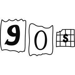 Cute hand drawn lettering with 90s with anonymous numbers and letter in Y2k aesthetic. Retro doodle typography of 1990s years with alphabet cut out from newspapers, magazines. Nostalgic, 90s vibes.