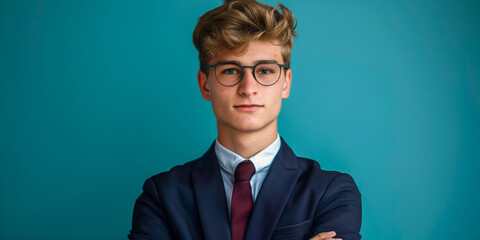 Young man in a suit with glasses and arms crossed, standing confidently against a bright teal background