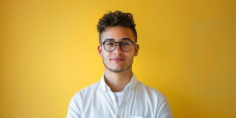 Young man with curly hair and glasses smiling confidently against a vibrant yellow background