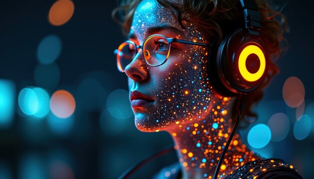 Son corps se pixelise progressivement, la technologie l&rsquo;enveloppant jusqu&rsquo;&agrave; ne plus faire qu&rsquo;un avec l&rsquo;ordinateur.
