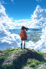 Obraz premium Anime girl standing on a mountaintop with a view of clouds and a valley below. Concept of freedom, hope, adventure, and dreams.