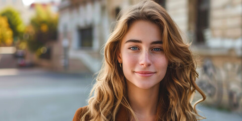Young woman with wavy blonde hair smiling softly while standing outdoors in a city street on a sunny day