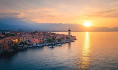 Aerial view of Venetian harbor and lighthouse at sunset