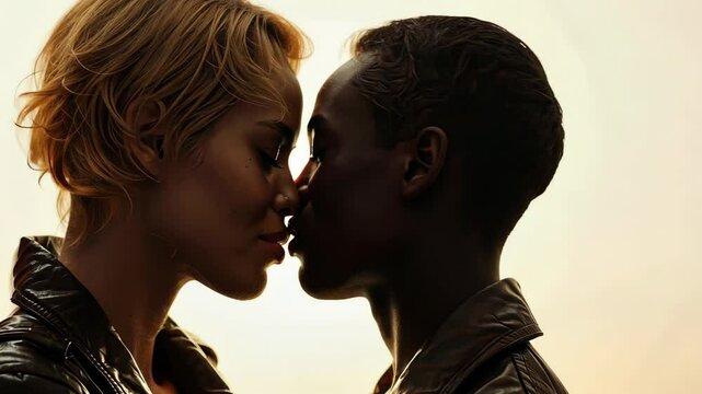 Two people in leather jackets are about to kiss, their noses touching