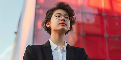 Obraz premium Confident young woman in a business suit with glasses, standing outdoors in front of a modern red glass building