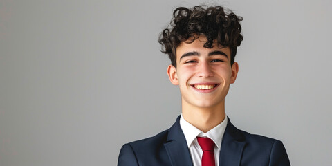 Young man in a suit with curly hair and a bright smile, standing against a light grey background