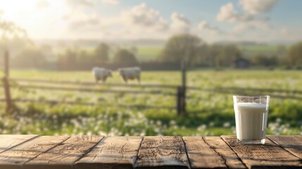 glass of milk on wooden table cow farm with grass