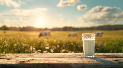 glass of milk on wooden table cow farm with grass