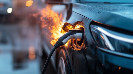 Close-up of an electric car charger catching fire during charging, highlighting potential risks and safety concerns with electric vehicles.