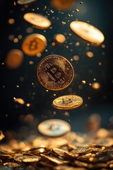 Closeup photo of a bitcoin falling, sparkling, shining bitcoins in the background