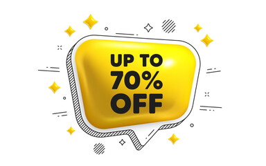 Up to 70 percent off sale. Chat speech bubble 3d icon. Discount offer price sign. Special offer symbol. Save 70 percentages. Discount tag chat message. Speech bubble banner with stripes. Vector