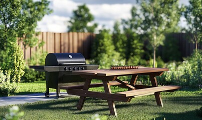 Backyard barbecue setup with a grill and picnic table