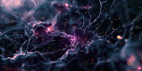 Abstract neural network illustration with glowing particles, representing artificial intelligence, brain cells, and biological systems