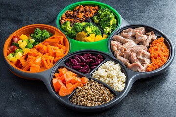 Fototapeta premium A complete meal plan for blood type diets, showing individualized plates for each type with balanced portions of protein, grains, and vegetables.