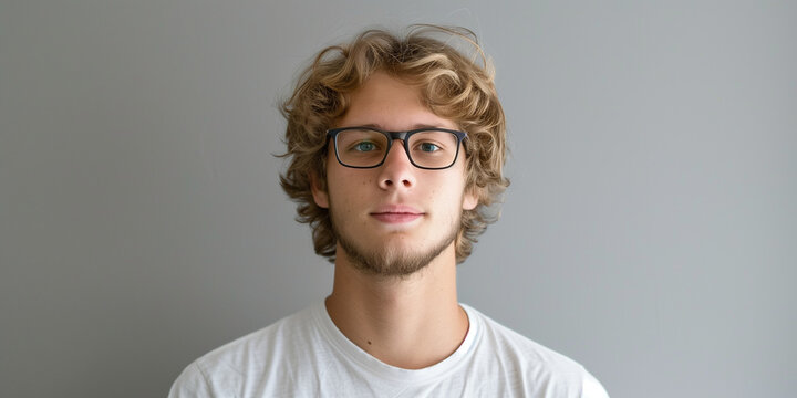 Young man with blonde curly hair and glasses wearing a white t-shirt, standing against a grey background