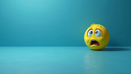 A 3D yellow emoji with a shocked expression and wide eyes sits on a smooth teal surface. The minimalist background emphasizes the emoji's surprise and emotion.

