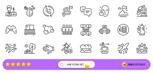 Donation money, Balcony and Businessman case line icons for web app. Pack of Friendship, Metro, Online voting pictogram icons. Airplane travel, Healthy face, Dirty water signs. Bicycle. Vector