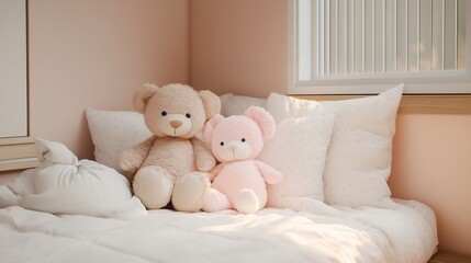 in a girl's bedroom. A cozy and inviting bedroom scene featuring two soft teddy bears, one beige and one pink, sitting on a neatly made bed with fluffy pillows.