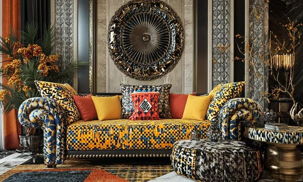 Luxurious living room interior with a patterned sofa and ottoman