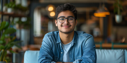Young man with glasses and a denim shirt smiling while sitting in a cozy indoor cafe with plants around
