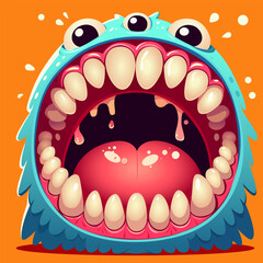 Monster mouth with tongue. Funny monster face expression with mouth closeup, teeth and tongue. Funny facial expression zombie, character cartoon. Cute monster mouth orange background. Monster avatar © Nataliia
