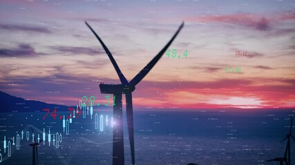 Finance graphs and business trading board over windmill turbine spinning, energy transition to renewable green technology. Increase in electricity energy prices on the world market - Powered by Adobe