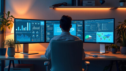 Professional data analyst working on multiple monitors in modern office, high-tech workspace with data visualization, financial analytics and global metrics