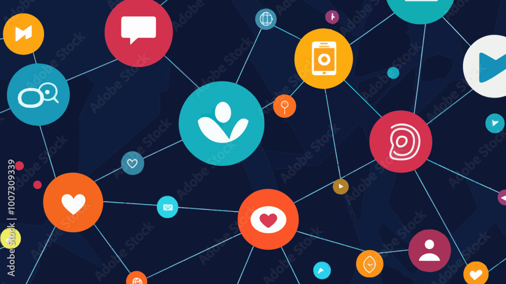 Poster abstract social networking icons connected by lines on dark background vector illustration for digit