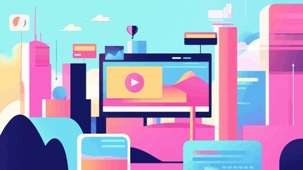 Vector illustration of digital marketing with AMP and SEO concepts in a futuristic cityscape; Accelerated Mobile Pages, modern website optimization, flat design