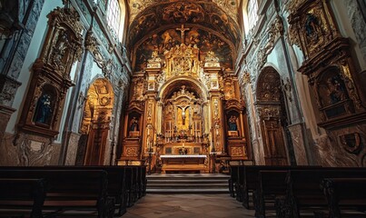 Fototapeta premium A large church with a gold and white interior
