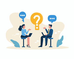 Q&A Session Business Discussion Flat Minimalist Vector Image with Businessman and Woman Sharing Ideas