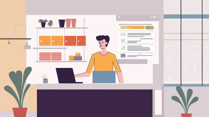 Office Worker Choosing to Upgrade to Pro for Ad-free Experience and Premium Features, Vector Illustration of Modern Workspace with Computer Screen Displaying Software Upgrade Options
