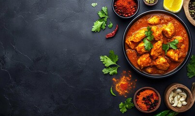 Chicken tikka-masala. Traditional for Indian cuisine curry and ingredients on a dark background. Curry,