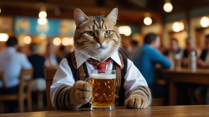 A red tabby cat in a traditional bavarian costume sits at a table in a beer bar
